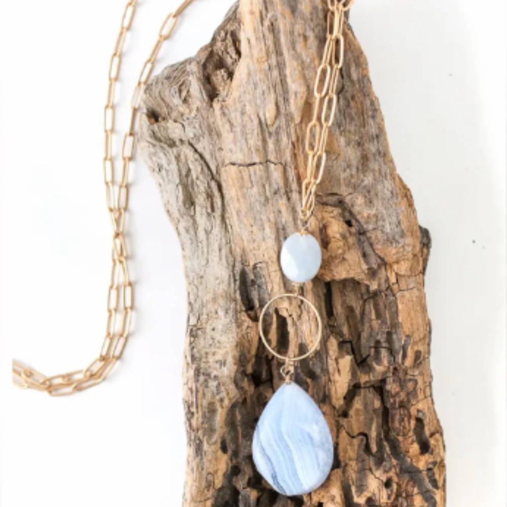 Blue Lace 34" Blue Lace Agate Focal Necklace / Matte gold plated brass chain